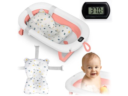 Skladacia vanička pre deti, dojčatá s teplomerom a vložkou Ricokids RK-287 bielo-ružová