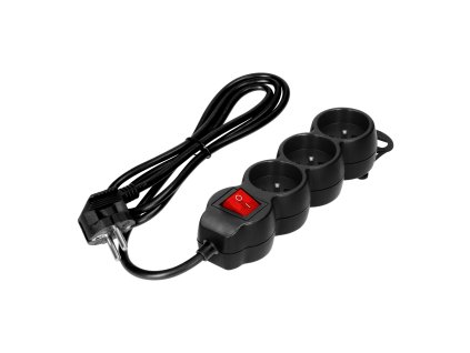 Predlžovacie zásuvky 3x2P+E, ON/OFF, 1,4m, H05VV-F, 3x1mm2, čierny