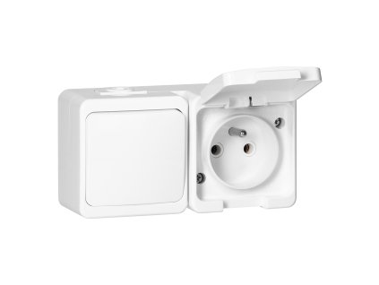 Povrchová zásuvka 2P+E s krytom + jednopólový vypínač, IP44, SMART, biela