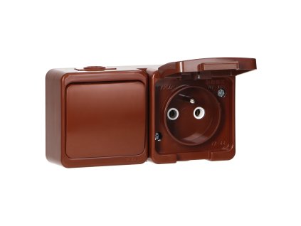 Povrchová zásuvka 2P+E s krytom + jednopólový vypínač, IP44, SMART, hnedá