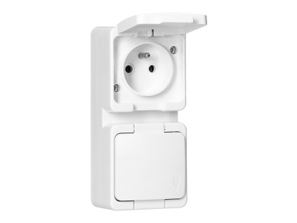 Povrchová dvojzásuvka 2x2P+E, s krytom, zvislá, IP44, SMART, biela