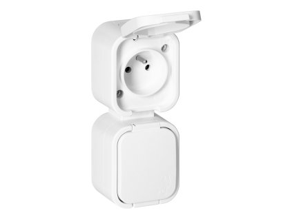 Povrchová dvojzásuvka 2x2P+E, striekajúca s krytom, vertikálna B2, IP54, NT-6B2/P, biela