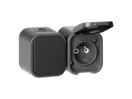 Povrchový jednopólový spínač + Jedna zásuvka 2P+E B2, IP54, GWN-B2, sivá/čierna