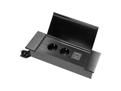Zásuvka do nábytku s plochým frézovaným okrajom, výklopným krytom, USB nabíjačkou a 1,5 m káblom, 2x2P+E (Schuko), 2xUSB (typ A+C; 3,6A), čierna