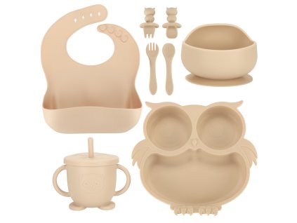 Naczynia silikonowe dla dzieci sowa zestaw 8 elementow bezowy 159727