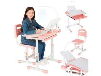 Detský písací stôl so zásuvkou stolička lampa ružová