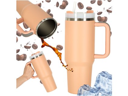 Kubek termiczny ze slomka i uchwytem termos 1200ml roz pudrowy 174129