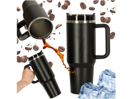 Termohrnček so slamkou a rukoväťou termosky 1200ml čierny