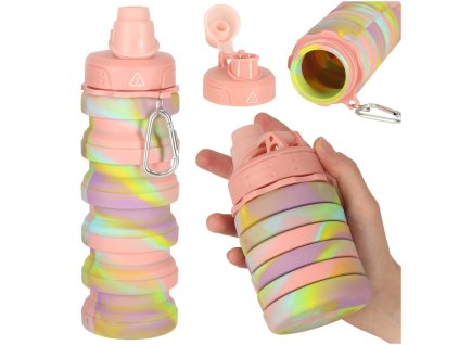 Fľaša na vodu bidon silikónová skladacia s rukoväťou športová 500ml dúha