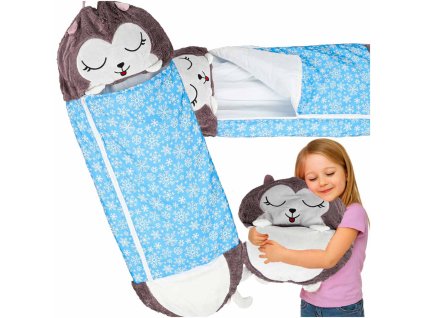 Detský spací vak turistický vankúš 2v1 135x50cm modrý