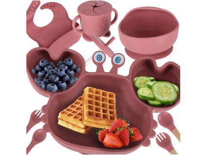 Silikónové detské riady detský krab sada 9 kusov tmavoružová