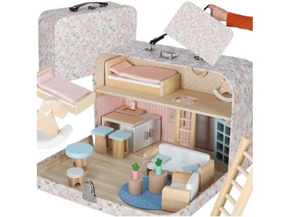Domček pre bábiky v príslušenstve kufríka drevený nábytok