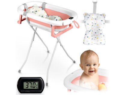 Skladacia vanička pre deti, dojčatá so stojanom, teplomerom a vložkou Ricokids RK-287 bielo-ružová