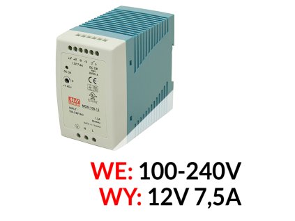 MDR-100-12 - Napájací zdroj 12V DC / 7,5A na DIN lištu - Mean Well