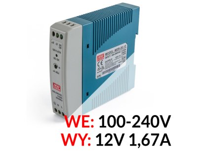 MDR-20-12 - Napájací zdroj 12V / 1,67A na DIN lištu - Mean Well