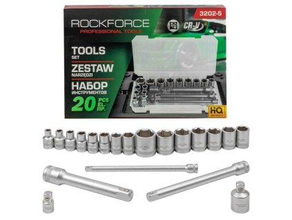 ROCKFORCE Sada NÁRADIA nástrčiek 3/8" 20 ks s adaptérmi a PREDLŽOVACÍMI KUSMI