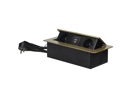 Výklopná zásuvka v kryte s plochým okrajom, nabíjačka USB a 1,5 m kábel, 2x2P+E, 2xUSB, mosadzná farba