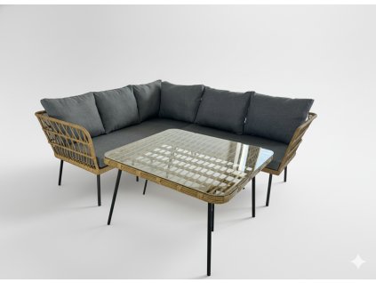 SÚPRAVA ZÁHRADNÉHO NÁBYTKU (ROHOVÁ POHOVKA, STOLÍK) - HNEDÁ, VANKÚŠE - SIVÁ *3354