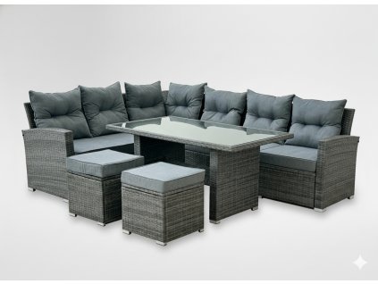 SÚPRAVA ZÁHRADNÉHO NÁBYTKU (ROHOVÁ SEDAČKA, 2 TABURETKY, STOLÍK) - SIVÁ, VANKÚŠE - SIVÁ *3453