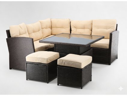 RATTANOVÝ NÁBYTKOVÝ SET (ROHOVÁ SEDAČKA + 2 PUFY + STOLÍK S NASTAVITEĽNOU VÝŠKOU) HNEDÝ + KRÉMOVÉ VANKÚŠE *8205