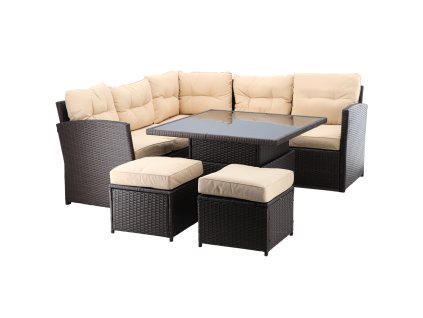 RATTANOVÝ NÁBYTKOVÝ SET (ROHOVÁ SEDAČKA + 2 PUFY + STOLÍK S NASTAVITEĽNOU VÝŠKOU) HNEDÝ + KRÉMOVÉ VANKÚŠE *8205