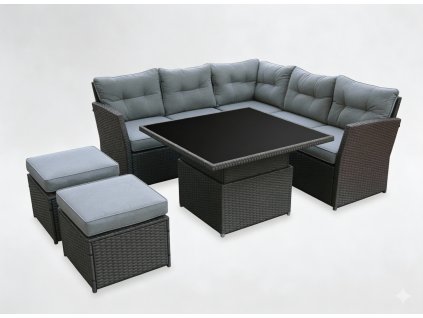 SET RÔTANOVÉHO NÁBYTKU ( ROHOVÁ POHOVKA + 2 TABAURETY + STOLÍK S NASTAVITEĽNOU VÝŠKOU ) SIVÁ + SIVÉ VANKÚŠE *8212