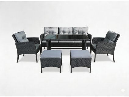 SÚPRAVA RATTANOVÉHO NÁBYTKU (SOFA, 2 STOLIČKY, 2 TABURETKY, STOLÍK) - ČIERNA, VANKÚŠE - SIVÁ *7541