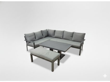 SÚPRAVA HLINÍKOVÉHO NÁBYTKU (ROHOVÁ POHOVKA + TABURETKA + STOLÍK) SIVÁ + SIVÉ VANKÚŠE *9422