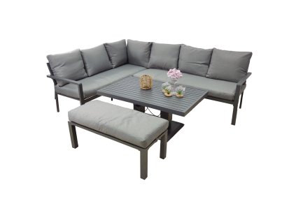 SÚPRAVA HLINÍKOVÉHO NÁBYTKU (ROHOVÁ POHOVKA + TABURETKA + STOLÍK) SIVÁ + SIVÉ VANKÚŠE *9422