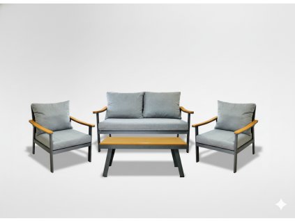 SADA HLINÍKOVÉHO NÁBYTKU "LUBLANA" (SOFA + 2 KRESLÁ + STOLÍK) SIVÁ + SIVÉ VANKÚŠE *9545