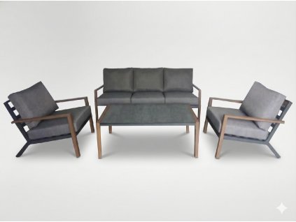 SADA HLINÍKOVÉHO NÁBYTKU "ASTANA" (3-MIESTNA SOFA + 2 KRESLÁ + STOLÍK) SIVÁ + SIVÉ VANKÚŠE *1135