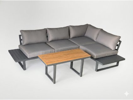 SÚPRAVA HLINÍKOVÉHO NÁBYTKU "BOGOTA" (ROHOVÁ SEDAČKA + STOLÍK) SIVÁ + SIVÉ VANKÚŠE *1142