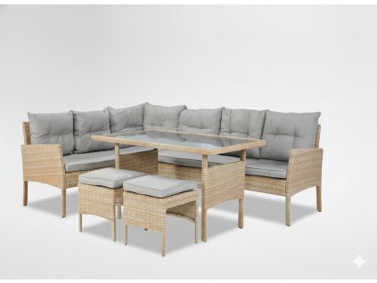 SÚPRAVA RATTANOVÉHO NÁBYTKU "BERNO" (ROHOVÁ POHOVKA + 2 TABURETY + STÔL) BÉŽOVÁ + SIVÉ VANKÚŠE *9576