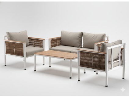 SÚPRAVA HLINÍKOVÉHO NÁBYTKU "BELEHRAD" (SOFA + 2 KRESLÁ + STOLÍK) BÉŽOVÁ + BÉŽOVÉ VANKÚŠE *9569