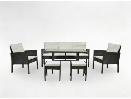 RATANOVÁ SÚPRAVA NÁBYTKU "VADUZ" (SOFA + 2 KRESLÁ + 2 TABURETKY + STÔL) ČIERNA + KRÉMOVÉ VANKÚŠE *9583