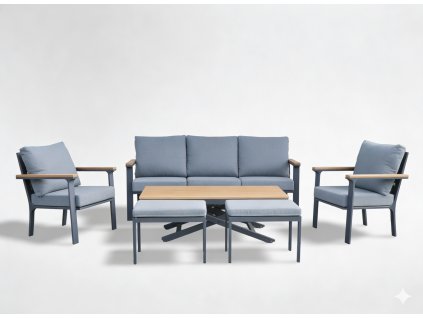 SET ZÁHRADNÉHO NÁBYTKU Z HLINÍKA A TÍKOVÉHO DREVA (SOFA + 2 KRESLÁ + STÔL + 2 TABURETKY) ANTRACIT + ŠEDÉ VANKÚŠE *0428