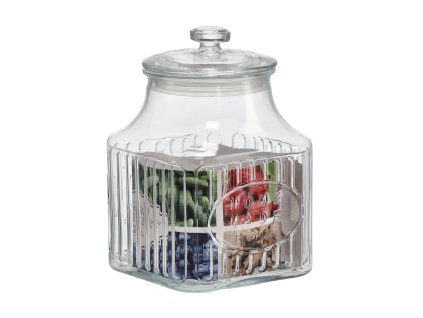 ŠTVORCOVÁ SKLENENÁ NÁDOBA 2,8L S OZDOBAMI SO SKLENENÝM VIEČKOM *0888