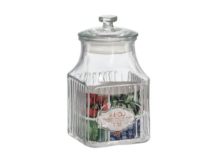 SKLENENÁ NÁDOBA ŠTVORCOVÁ 1,5 L ZDOBENÁ SO SKLENENÝM VIEKOM *0901