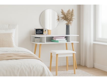 BIELY RETRO TOALETNÝ STOLÍK NA LÍČENIE S OKRÚHLYM ZRKADLOM + TABURETKA *5803