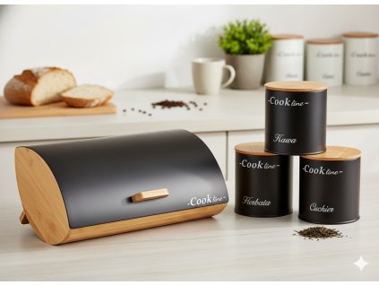 CHLEBNÍK ORTICA - BAMBUSOVÝ S KOVOVÝM VRCHOM 36,5x25x13 CM ČIERNY MAT + 3 NÁDOBY 11,5x11,5x12 CM *4935
