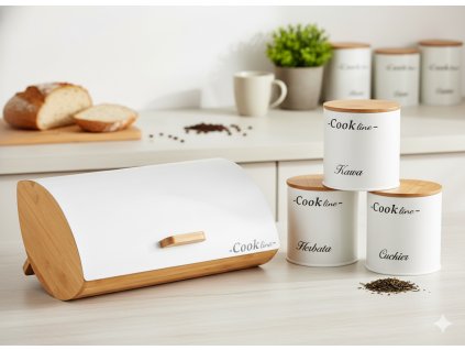 CHLEBNÍK AGLIO - BAMBUSOVÝ S KOVOVÝM KRYTOM 36,5 x 25 x 13 CM MATNÁ BIELA + 3 NÁDOBY 11,5x11,5x12 CM *4942