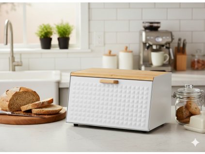 CHLEBNÍK HIBISCO - SMALTOVANÝ S BAMBUSOVÝM VEKOM 35,5 x 17 x 19,5 CM BIELY *8886