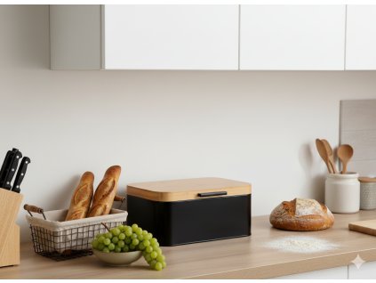 CHLEBNÍK LAURO - KOVOVÝ S BAMBUSOVÝM VEKOM 30 x 23 x 18 x 15 CM ČIERNY *3192