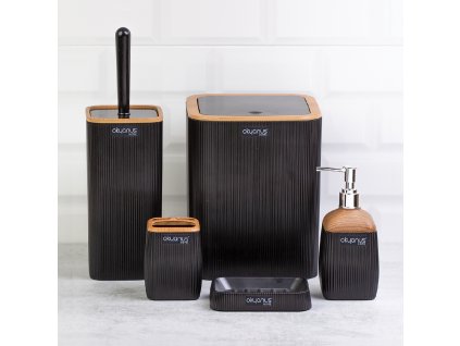 ŠTVORCOVÁ KÚPEĽŇOVÁ SÚPRAVA 5 PRVKOV ČIERNA / DREVO *7768 *5018