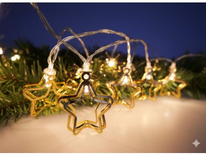 LED SVETELNÁ REŤAZ ZLATÁ KOVOVÁ - 3D HVIEZDIČKA 10L NA BATÉRIE *4109