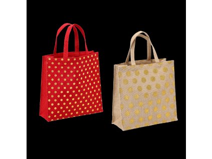 JUTOVÁ TAŠKA 30 x 30 x 10 CM S BODKAMI - ČERVENÁ / PRÍRODNÁ 1kus