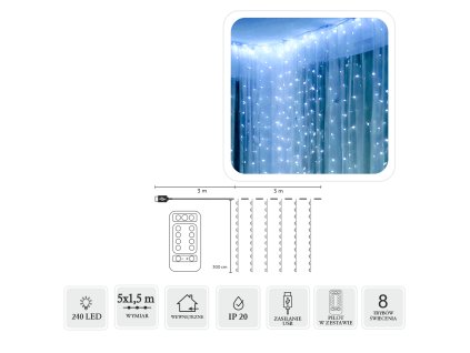 SVETELNÁ OPONA DRÔTIKY 240L STUDENÁ BIELA, 5 x 1,5 M, USB, S DIAĽKOVÝM OVLÁDAČOM *8486