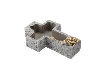 CEMENTOVÝ CINTORÍNSKY KVETINÁČ - KRÍŽ SIVO - ZLATÝ 28 X 18 X 7,5 CM *8899