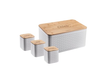 CHLEBNÍK SABIO - SMALTOVANÝ S BAMBUSOVÝM VEKOM 35 x 23 x 18,5 CM BIELY + 3 NÁDOBY 11,5 X 11,5 X 12 CM *8848