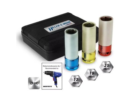 Rázové nástrčky na hliníkové disky Hillen&Mohr, sada 1/2", 17–19–21 mm